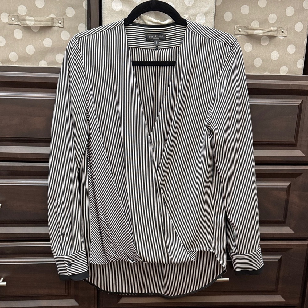 Black and White silk Striped Blouse